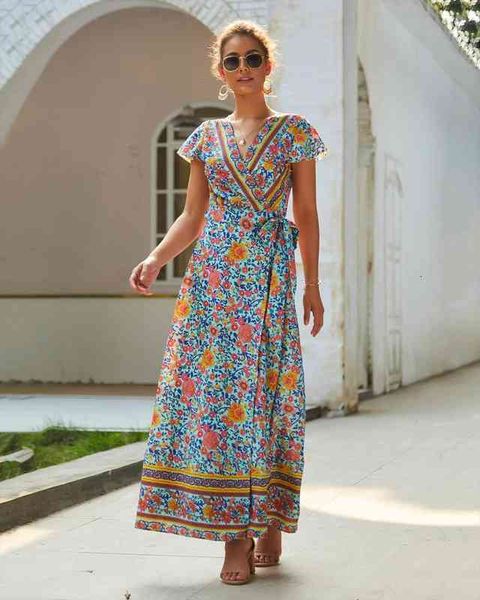 

women dresses spring floral printing long leisure dresses v-neck short sleeve ruffle bohemia female, Black;gray
