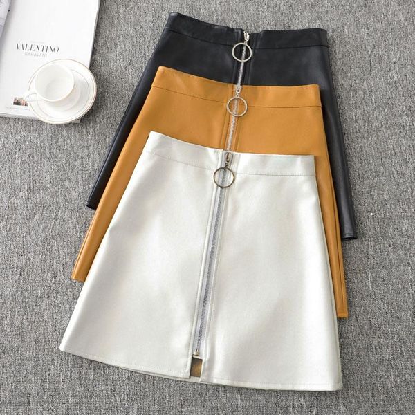 

skirts leather skirt pu casual solid a-line zipper above knee mini lenght empire waist autumn winter 2021, Black