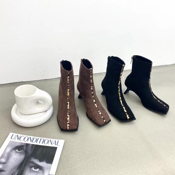 

boots fashion women sock brown black thin mid heels autumn mixed color back zipper short ladies booties shoes woman 35-39