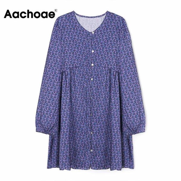 

casual dresses aachoae loose floral print dress o neck retro mini long sleeve single breasted pleated women autumn summer, Black;gray