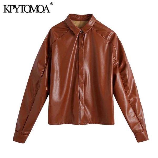 

women fashion with gathering faux leather blouses vintage long sleeve button-up female shirts chic 210421, White