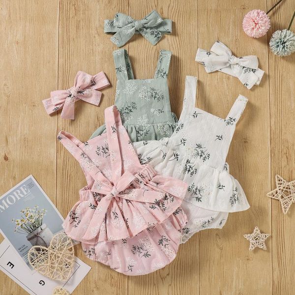 

jumpsuits summer born baby girls romper clothes ruffle cotton sleeveless jumpsuit cute toddler backless headband outfits, Blue