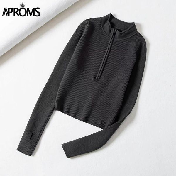 

women's sweaters aproms elegant high neck zipper front knitted sweater women solid basic cropped pullover winter spring fashion clothin, White;black