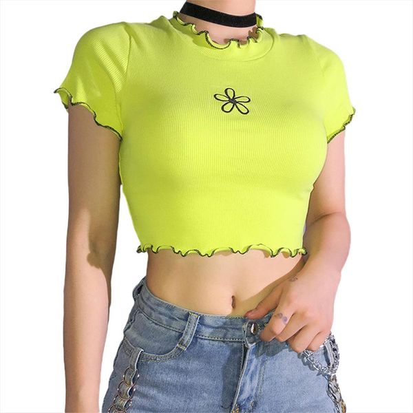 

fashion girls green casual womens blouses slim lace frill cropped summer flower o neck female streetwear, White
