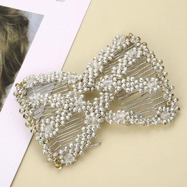 

hair clips & barrettes women twist rhombus beaded side combs stretchable double bun maker, Golden;silver