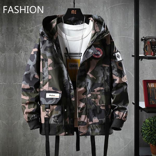 

men's jackets autumn men jacket overalls hooded streetwear hip hop fashion college camouflage black casual mens clothing, Black;brown