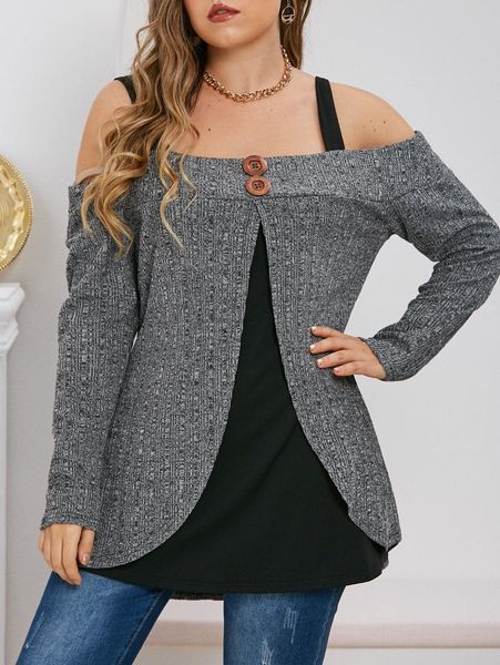 

women's t-shirt ribbed heathered buttons open shoulder plus size top, White