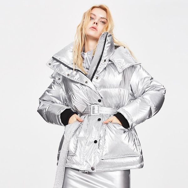 

women's down & parkas women glossy thick short coats metal white duck jacket techwear luxury waterproof belt high waist winter puffer, Black