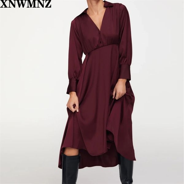 

women fashion satin midi dress female long puff sleeves v neck asymmetric hem chic dresses ladies vintage robe 210520, Black;gray