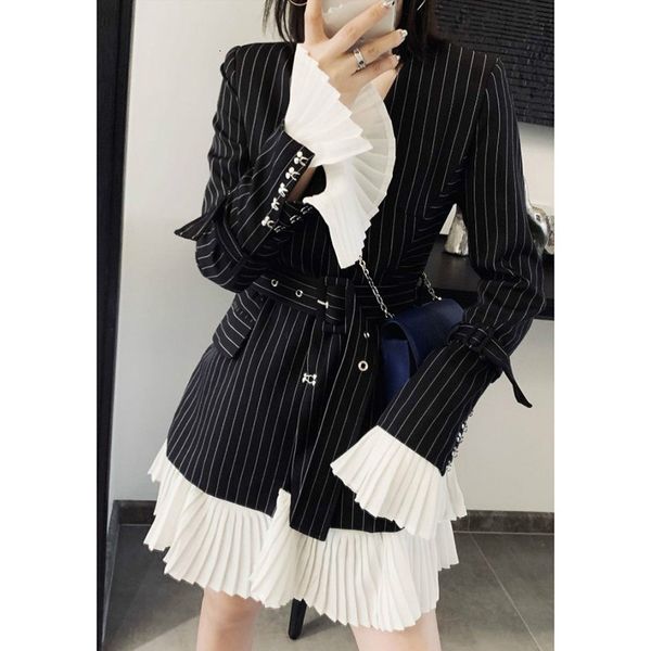 

women's jackets pyjtrl fashion blazer dark blue female stripe, mid-length autumn dress, british retro with a belt and straightjacket m4, Black;brown