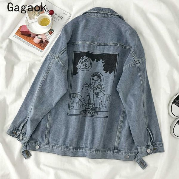 

women lapel streetwear jacket spring autumn embroidery pockets print loose casual harajuku wild fashion jackets 210531, Black;brown