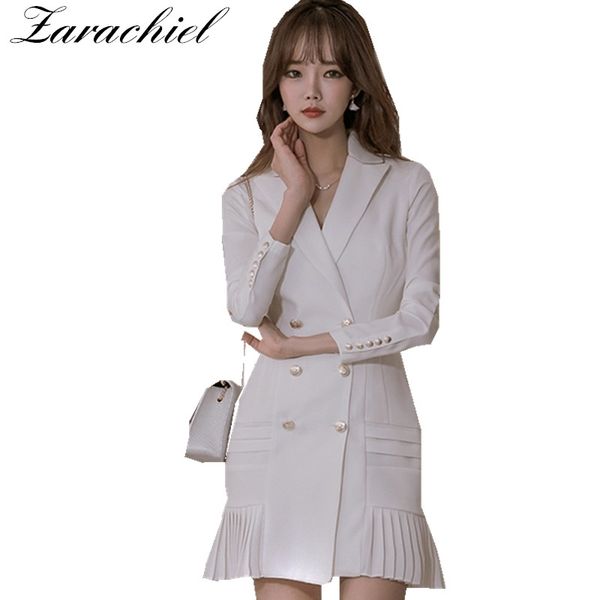 

women blazers dresses spring double breasted long sleeve v-neck pleated dress office lady slim basic vestidos white black 210416, Black;gray