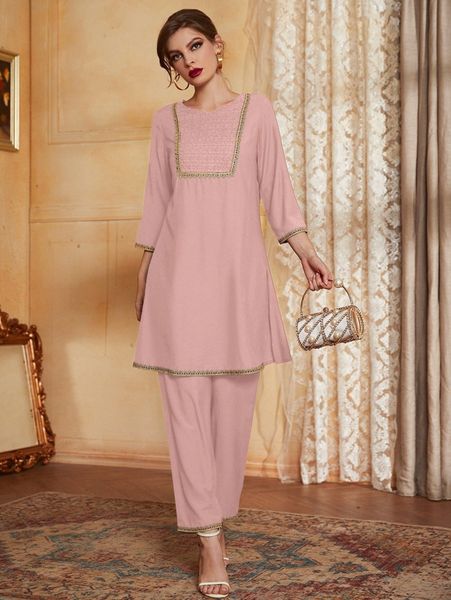 

embroidered applique longline & pants n9wc#, White