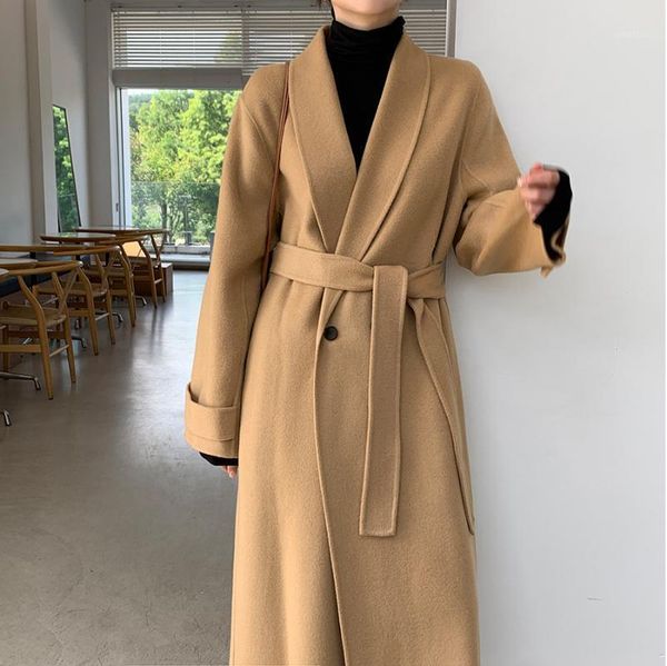 

women's wool & blends chic long woolen coat sleeve simple straight loose winter jacket warm korean style button belt jackets, Black