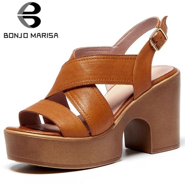 

dress shoes bonjomarisa ladies genuine leather elegant block heels sandals women party platform woman, Black