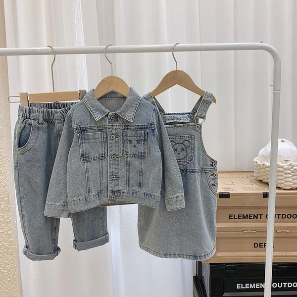 

spring baby girls clothing sets casual denim jackets jeans cute bear strap dress kids 3pcs set for children suits, White