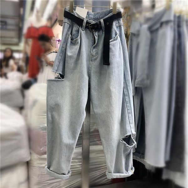 

women's jeans missky pants summer thin type loose high waist straight wide leg hole trousers for female, Blue