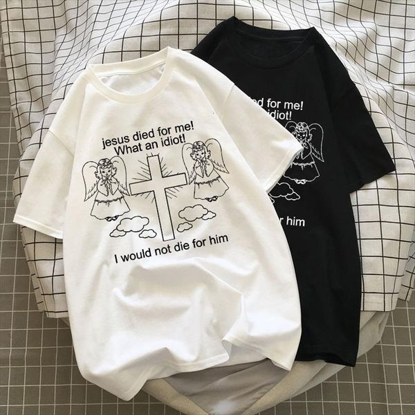 

ulzzang summer jesus died womens t shirts me art loose letter angel print harajuku cartoon goth cotton fun casual, White