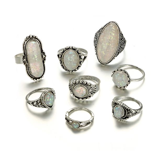 

8pcs/set vintage antique silver color rings sets colorful opal stone carve for women men bohemian jewelry
