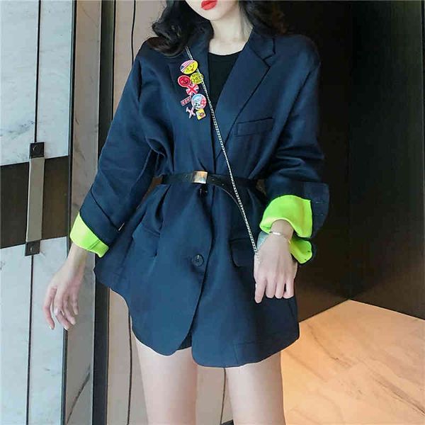 

women's wool & blends new spring runway fashion notched casual loose long sleeve blazers coat women elegant suit brooch and b, Black