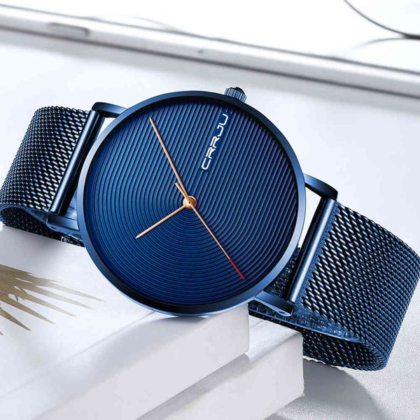 Assista dos homens CRRJU Moda Minimalista Azul Waches para homens Ultra-fino de malha de malha relógio Casual impermeável relógio relógio de pulso para homens 210517