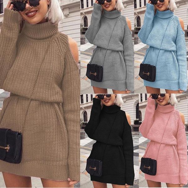 

women's sweaters turtleneck knitwear dresses autumn long pullovers knitting jumper winter sleeve off shoulder midi sweater dress, White;black