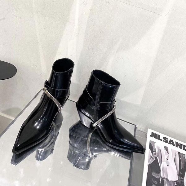 

pointed boots 2021 autumn and winter korean versatile side zipper metal chain leather thick heel fashion, Black