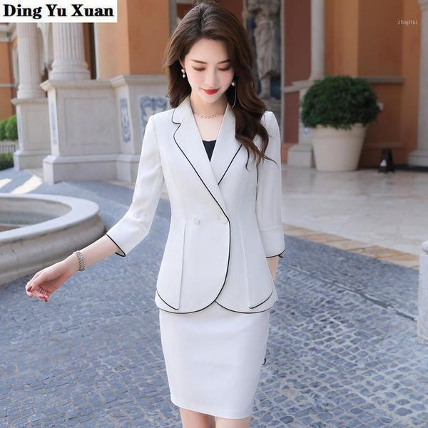 

two piece dress summer autumn pant suits for women office wear female split half sleeve double breasted blazer suit formal 2 set outfits, White