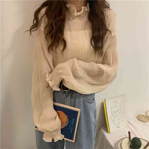 Kadın Bahar Sonbahar Kore Uzun Kollu İnce Net Gazlı Bez Dip Şifon Bluz Katı Renk İç Dantel GX365 210507