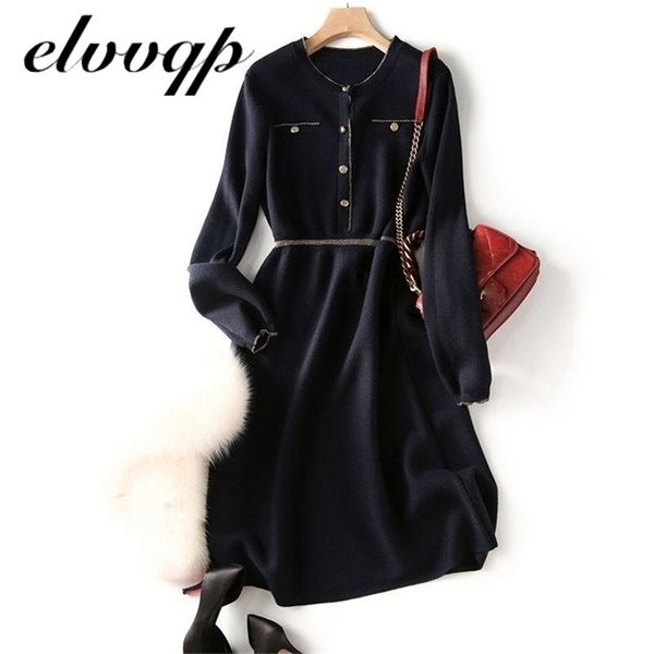 

knitted long sleeve dres slim bodycon autumn korean elegant fall winter button o neck sweater midi ribbed 211109, Black;gray