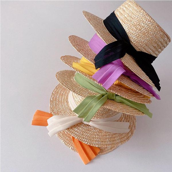 

caps & hats retro children's cap box decoration straw hat flat sun protection summer girl wide brim beach, Yellow