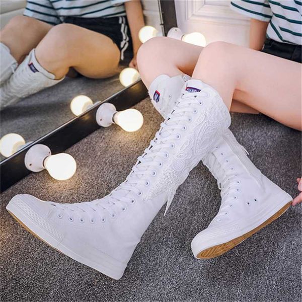

boots 2021 spring autumn women knee high canvas casual long slim black white lace zipper comfortable platform