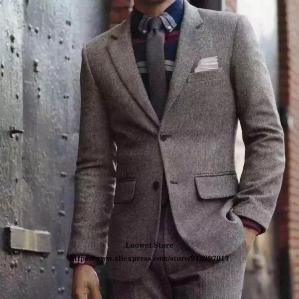 

men's suits & blazers classic brown tweed mens vintage wedding groom tuxedo formal business blazer 2 piece sets costume homme (jacket+p, White;black
