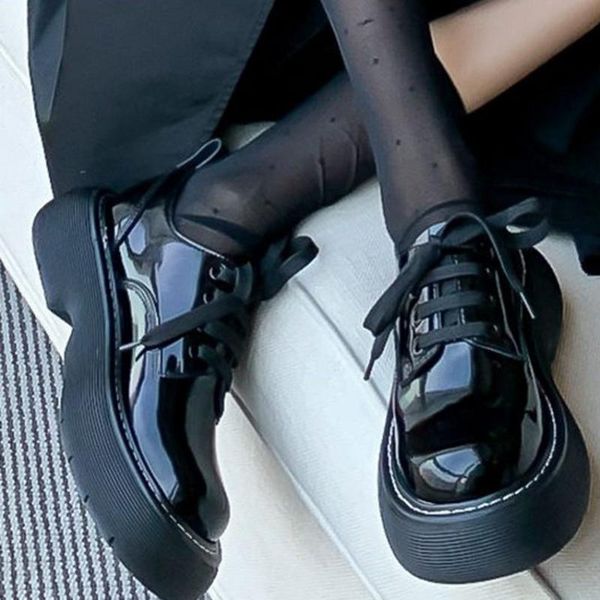 

boots punk creepers women's genuine leather platform ankle flat heel lace up round toe oxfords goth 34 35 36 37 38 39 40, Black