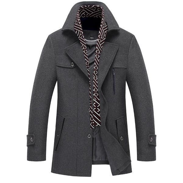 

men's wool & blends men winter coat scarf collar warm thick woolen overcoat trench casual jacket male, Black