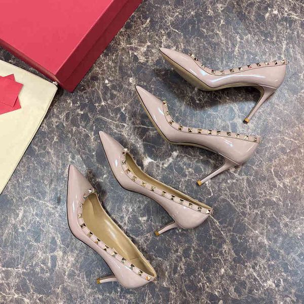 

luxury designer 6.5cm 9cm high heel rivets shoes women studded spikes party pointed strappy lady dress sandals patent shiny matte, Black