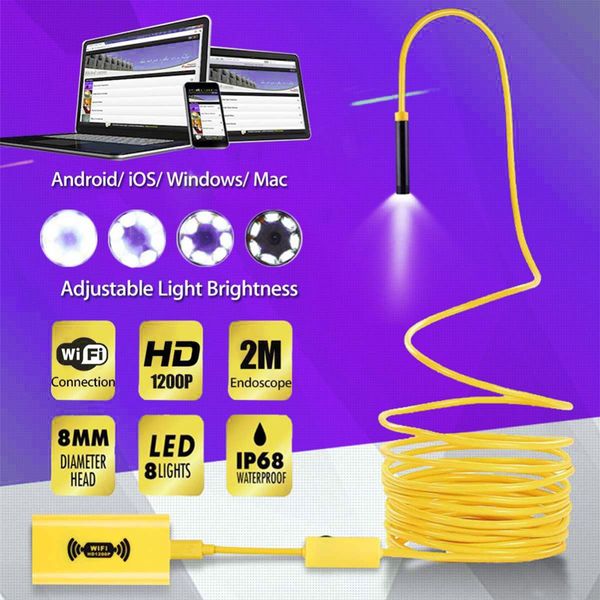 

wifi endoscope camera hd 1200p waterproof inspection borescope 8mm 8led soft hard cable semi rigid tube wireless endoscopy yellow black