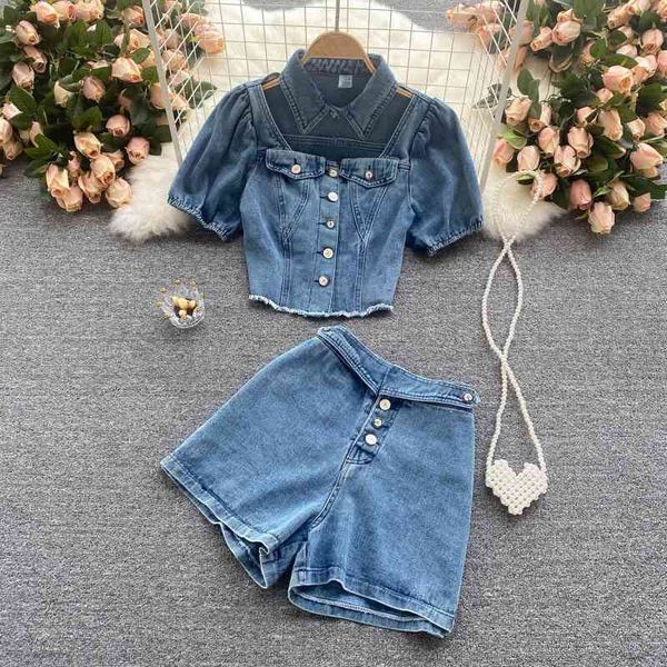 

two piece dress 2021 summer shorts sleeve blouse and denim women sets spky, White