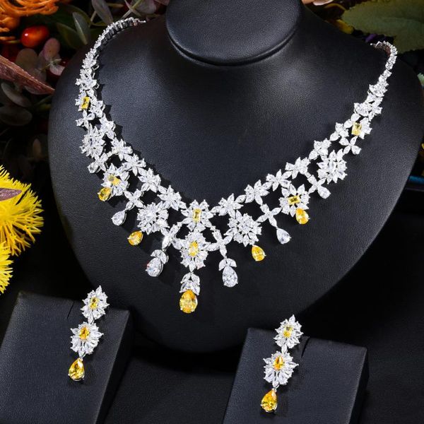 Brincos Colar Godki Luxo 2pcs Conjunto de jóias para mulheres Casamento amarelo cúbico zirconia cristal cz Dubai Conjuntos de noivas 2021 jantares de vestido