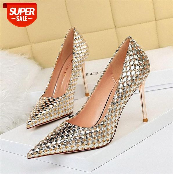 

6826-11 european and american style nightclub thin high heels stiletto shallow mouth pointed toe knit sequined shoes #ol9s