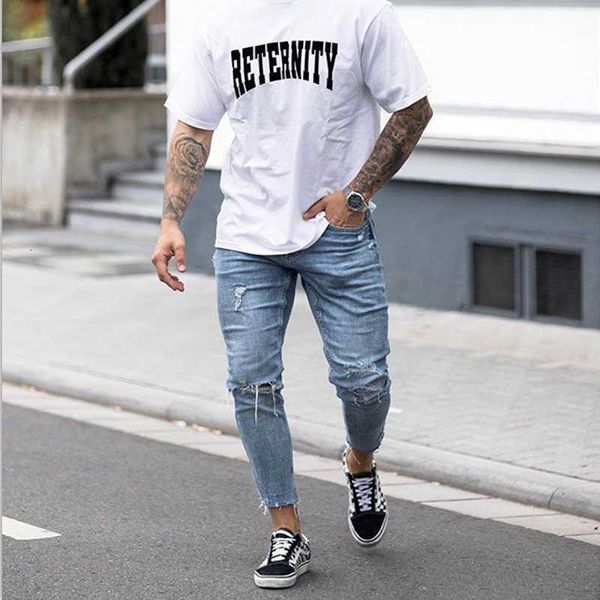 

men's jeans hole fashion men wear nine-point trousers pencil ripped casual solid classic straight denim designe oyej wro5, Blue