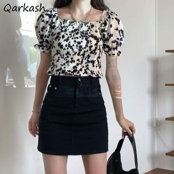 

women's blouses & shirts blouse women puff sleeve square collar cow-printed chiffon street sweet ladies clothing crop all-match re, White