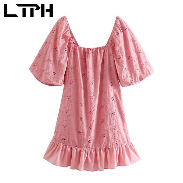 

sweet pink dress women splicing ruffles square collar puff sleeve chic embroidery elegant casual dresses summer 210427, Black;gray