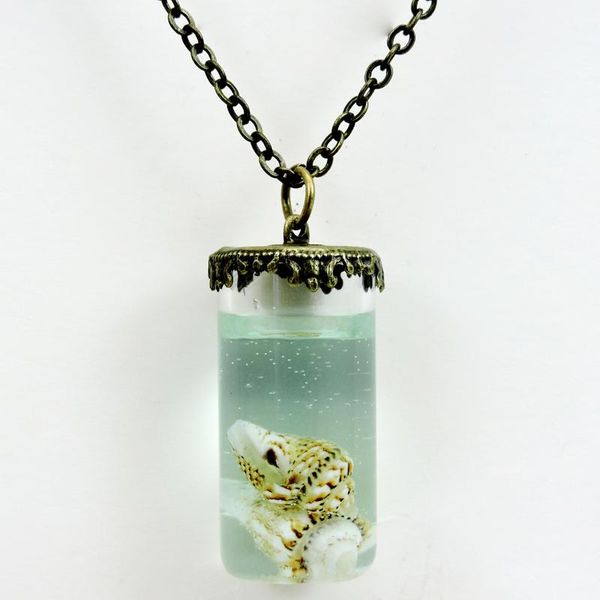 

vintage crystal shell necklace green solid glass vial pendant cute girl creative ancient long chain necklaces, Silver