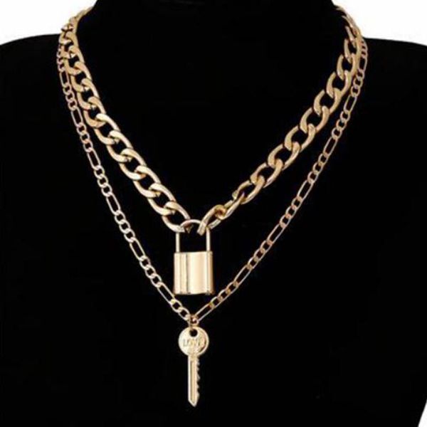 

1pc charm link chain choker necklace punk multilayer padlock key long pendant for women gold color collar jewlery necklaces, Silver