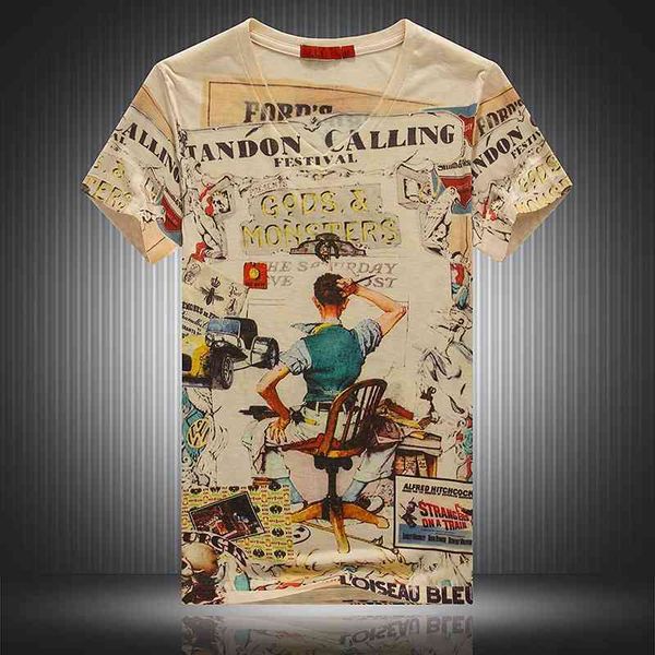 

wind summer men's new v-neck fancy short korean slim digital 3d printing half sleeve t-shirt, White;black