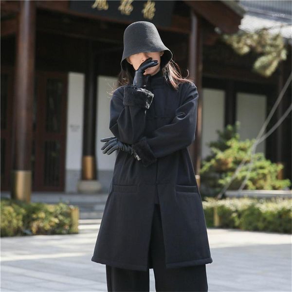 

fairynatural ladies cotton linen retro winter button thick coats 2021 stand collar womens fleece warm parkas long sleeve women's down, Black
