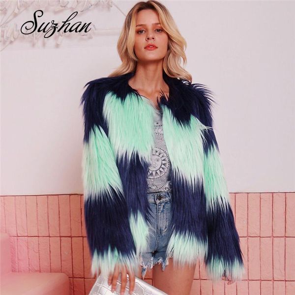 

suzhan fashion furry faux fur coat women fluffy warm long sleeve female outerwear autumn winter jacket collarless overcoat women's &, Black