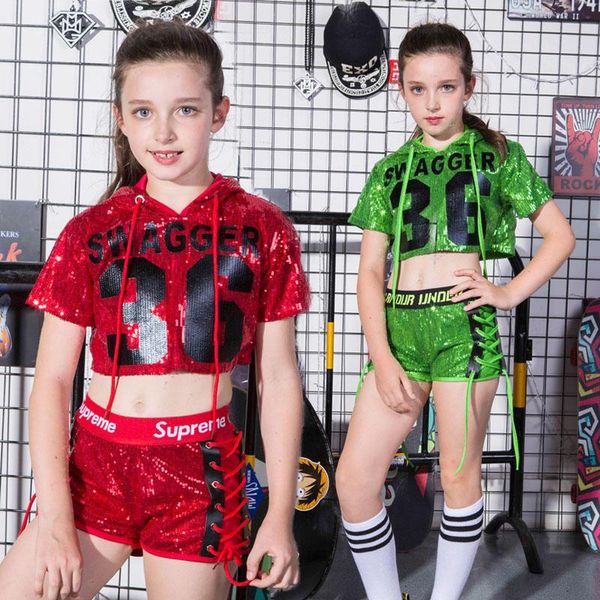 

children's performance, sequins, summer hip-hop, hip-hop dancers, short sleeves, dancers. stage wear, Black;red