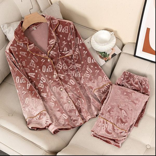 

pajamas velvet 2pcs set full womens sleepwears sleeve shirt amp pant spring autumn letter sleepwear loose nightwear velour sleep, Black;red